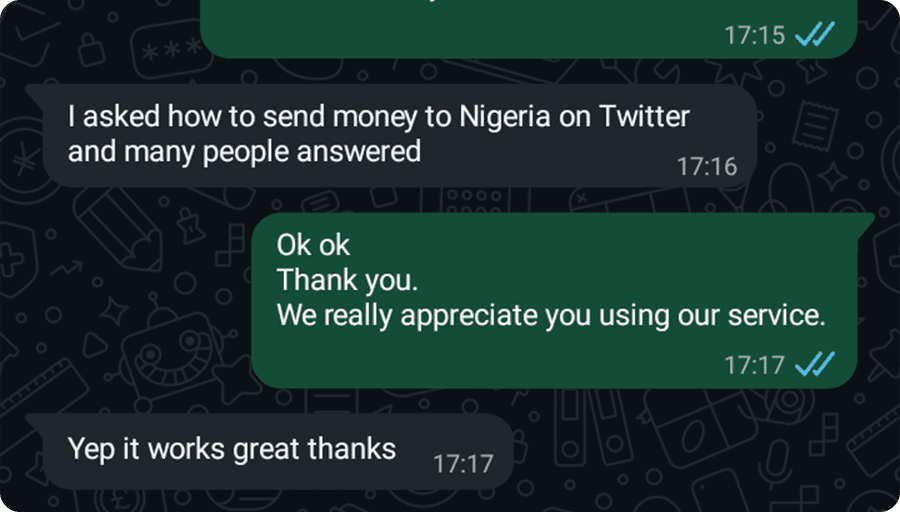 Customer feedback from WhatsApp